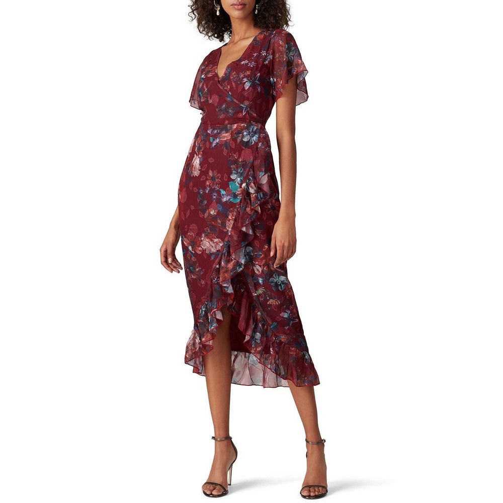 VONE Anthropologie Mireya Burgundy Floral Faux Wrap Midi Dress- Size 4‎